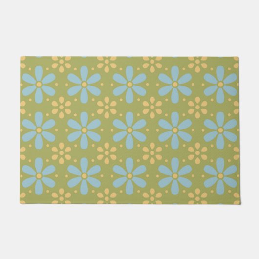 Retro Abstract Blauw en Gele Bloemen op Groen Deurmat (Voorkant)