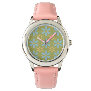 Retro Abstract Blauw en Gele Bloemen op Groen Horloge
