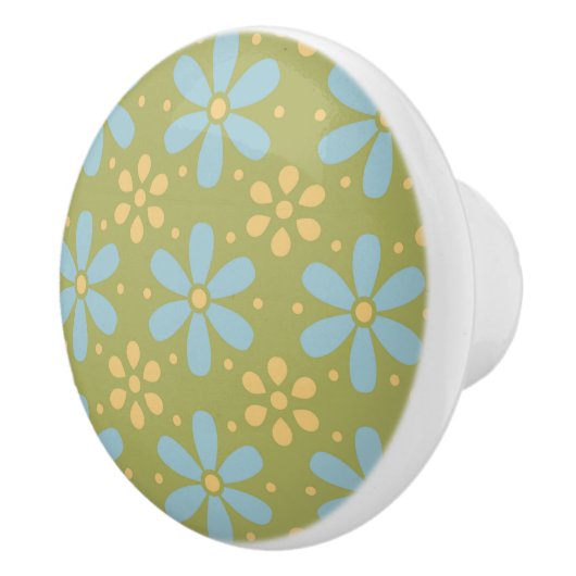 Retro Abstract Blauw en Gele Bloemen op Groen Keramische Knop (Rechts)