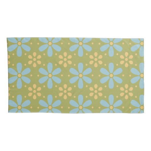 Retro Abstract Blauw en Gele Bloemen op Groen Kussensloop (Achterkant-Rechts)