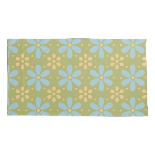 Retro Abstract Blauw en Gele Bloemen op Groen Kussensloop (Achterkant-Links)
