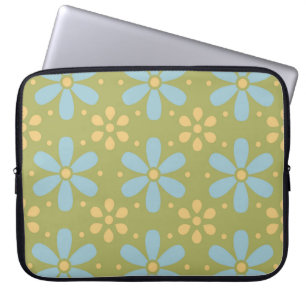 Retro Abstract Blauw en Gele Bloemen op Groen Laptop Sleeve