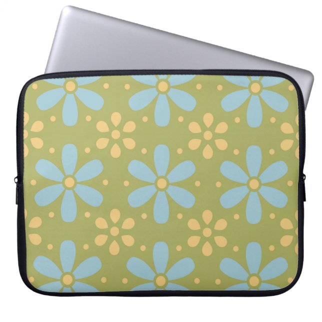 Retro Abstract Blauw en Gele Bloemen op Groen Laptop Sleeve (Voorkant)