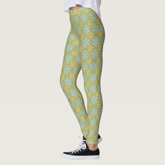 Retro Abstract Blauw en Gele Bloemen op Groen Leggings (Links)