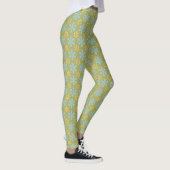 Retro Abstract Blauw en Gele Bloemen op Groen Leggings (Rechts)