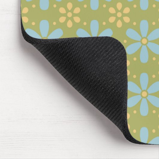 Retro Abstract Blauw en Gele Bloemen op Groen Muismat (Hoek)