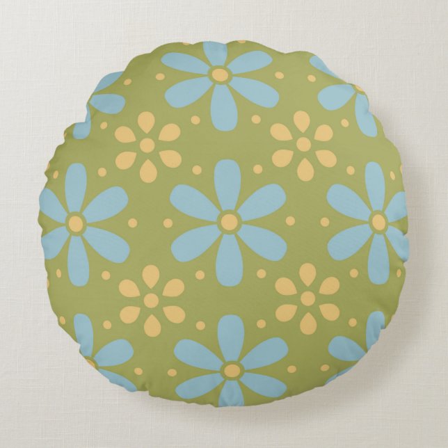 Retro Abstract Blauw en Gele Bloemen op Groen Rond Kussen (Voorkant)