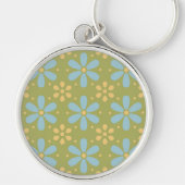 Retro Abstract Blauw en Gele Bloemen op Groen Sleutelhanger (Voorkant)