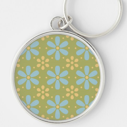 Retro Abstract Blauw en Gele Bloemen op Groen Sleutelhanger (Voorkant)
