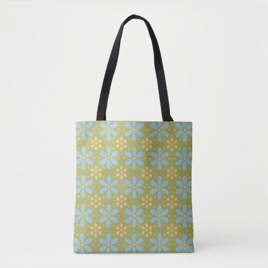 Retro Abstract Blauw en Gele Bloemen op Groen Tote Bag (Voorkant)
