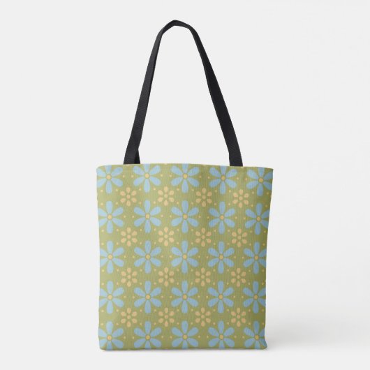 Retro Abstract Blauw en Gele Bloemen op Groen Tote Bag (Achterkant)