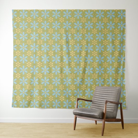 Retro Abstract Blauw en Gele Bloemen op Groen Wandkleed (In Situ (horizontaal))