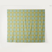 Retro Abstract Blauw en Gele Bloemen op Groen Wandkleed (Voorkant (horizontaal))
