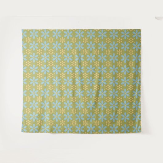 Retro Abstract Blauw en Gele Bloemen op Groen Wandkleed (Voorkant (horizontaal))