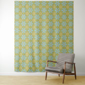 Retro Abstract Blauw en Gele Bloemen op Groen Wandkleed (In situ)