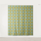 Retro Abstract Blauw en Gele Bloemen op Groen Wandkleed (Voorkant)