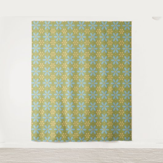 Retro Abstract Blauw en Gele Bloemen op Groen Wandkleed (Voorkant)