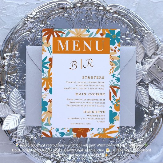 Retro Abstract Bright Bold Wildflower Bruiloft Menu