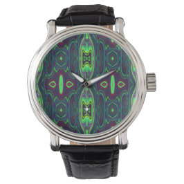 Retro Abstract Chartreuse, rood en blauw patroon Horloge