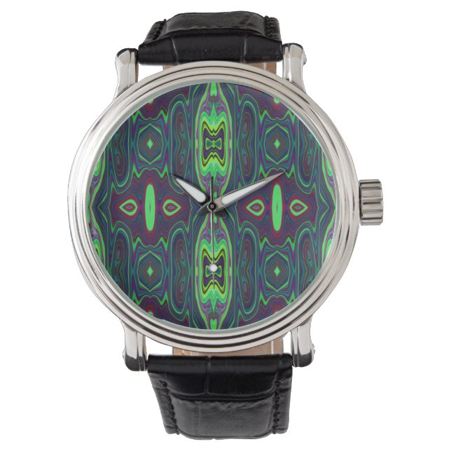 Retro Abstract Chartreuse, rood en blauw patroon Horloge (Voorkant)