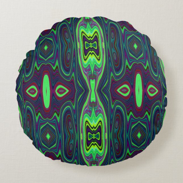 Retro Abstract Chartreuse, rood en blauw patroon Rond Kussen (Voorkant)