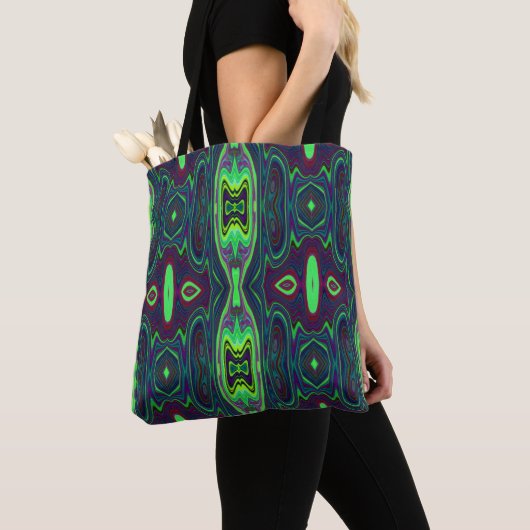 Retro Abstract Chartreuse, rood en blauw patroon Tote Bag (Dichtbij)