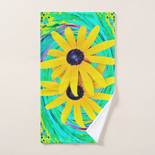 Retro Abstract gele bloemen op Aqua Swirl Bad Handdoek (Handdoek)