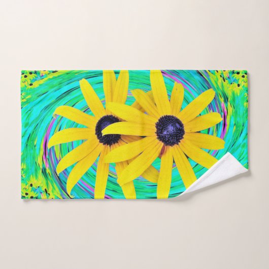 Retro Abstract gele bloemen op Aqua Swirl Bad Handdoek (Handdoek)