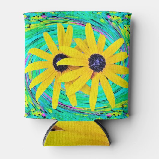 Retro Abstract gele bloemen op Aqua Swirl Blikjeskoeler (Voorkant)