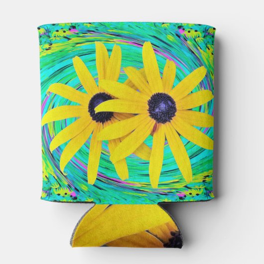 Retro Abstract gele bloemen op Aqua Swirl Blikjeskoeler (Achterkant)