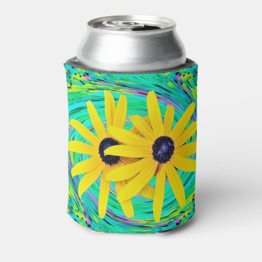 Retro Abstract gele bloemen op Aqua Swirl Blikjeskoeler (Blikje Achterkant)