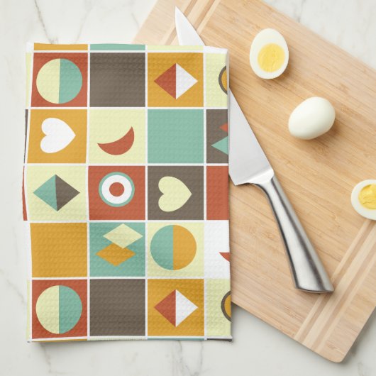 Retro Abstract Geometrisch Patroon Bruin Geel Rood Theedoek (Quarter Fold)