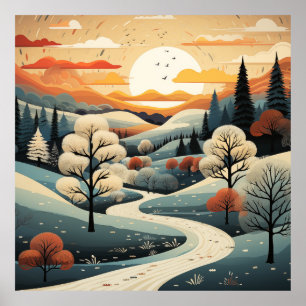Retro Abstract Kleurrijk Bold Christmas Landscape Poster
