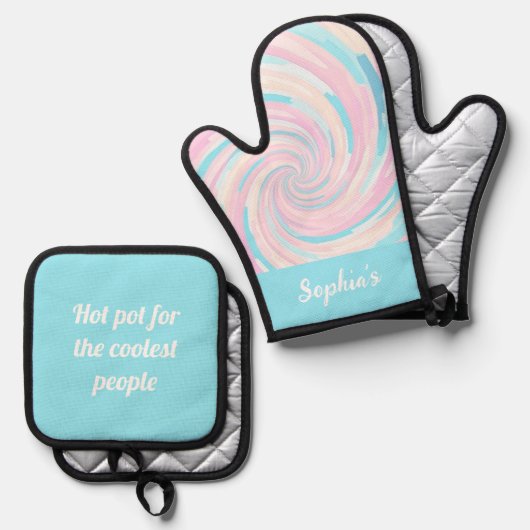 Retro Abstract pastel kleuren golvende vortex Ovenwant & Pannenlap Set (Voorkant / Achterkant)