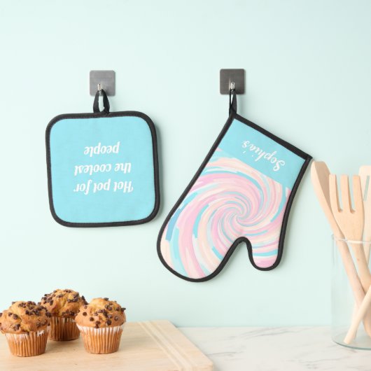 Retro Abstract pastel kleuren golvende vortex Ovenwant & Pannenlap Set (Insitu(Ophanging))