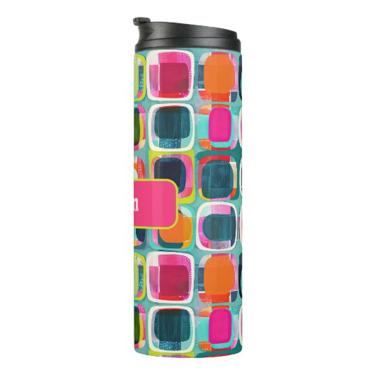 Retro Abstract patroon met naam Kleurrijk Thermosbeker (Geroteerd rechts)