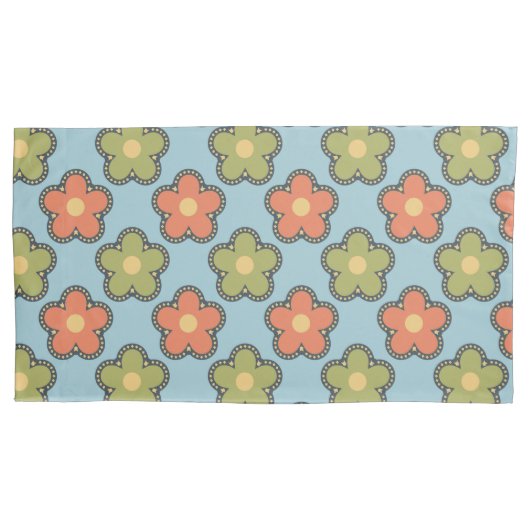 Retro Abstract Sinaasappel en Groene Bloemen op Bl Kussensloop (Voorkant-Links)