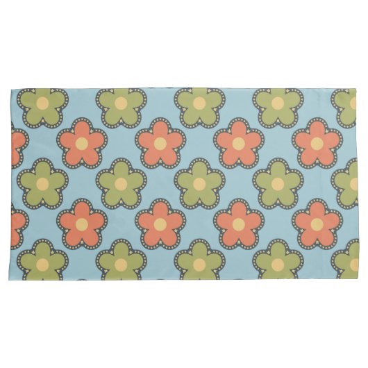 Retro Abstract Sinaasappel en Groene Bloemen op Bl Kussensloop (Voorkant-Rechts)