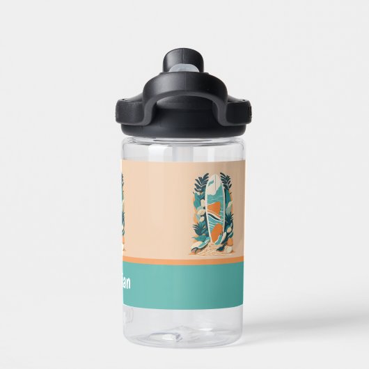 Retro Abstract Tropical Beach Surfboard Waterfles (Achterkant)