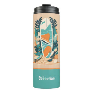 Retro Abstract Tropisch Strand Surfplank voor tien Thermosbeker
