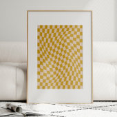 Retro Abstract Wavy Schaakbord Mosterdgeel Poster