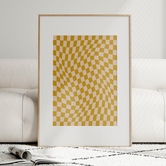 Retro Abstract Wavy Schaakbord Mosterdgeel Poster