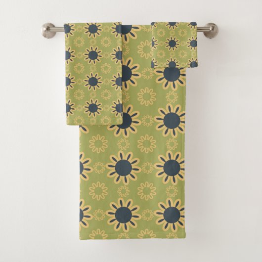 Retro Abstract zwart-gele bloemen Bad Handdoek (Insitu)