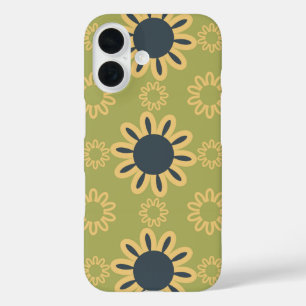 Retro Abstract zwart-gele bloemen iPhone 16 Hoesje
