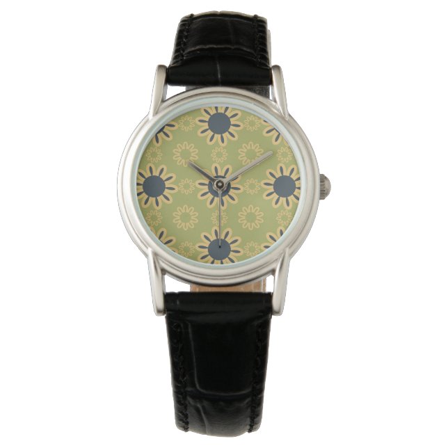 Retro Abstract zwart-gele bloemen Horloge (Voorkant)