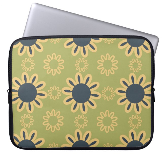 Retro Abstract zwart-gele bloemen Laptop Sleeve (Voorkant)