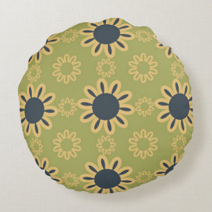 Retro Abstract zwart-gele bloemen Rond Kussen