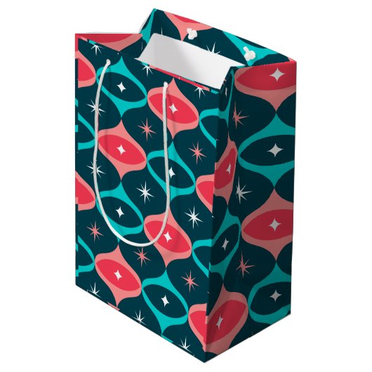 Retro Abstracte Blauwgroen en Koraal Gift Bag Medium Cadeauzakje (Achterkant Gekanteld)