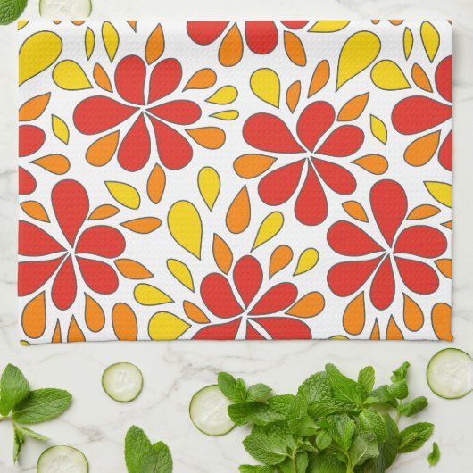 Retro Abstracte bloemen Rode Sinaasappel Geel 1970 Theedoek (Gevouwen)