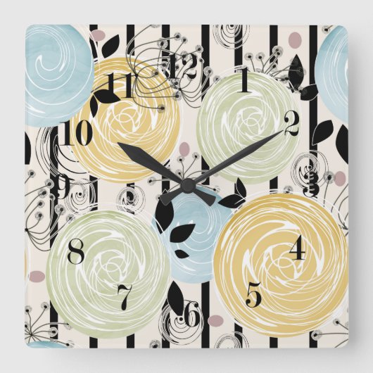 Retro, abstracte bloemen vierkante klok (Voorkant)